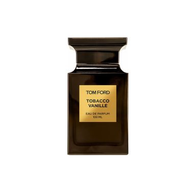 Flaska av Tom Ford Tobacco Vanille parfym med svart och guld etikett.